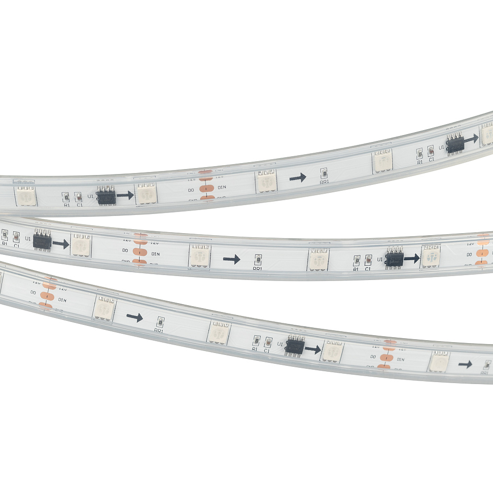Arlight SPI B30 — Гибкая светодиодная лента — SPI_RGB [каналы: 30; исполнение: P; протокол: SPI; герметизация: Силикон, трубка прозр. прямоуг. - P; высота, мм: 4.5; питание, В: 12.0; ширина, мм: 12.0]