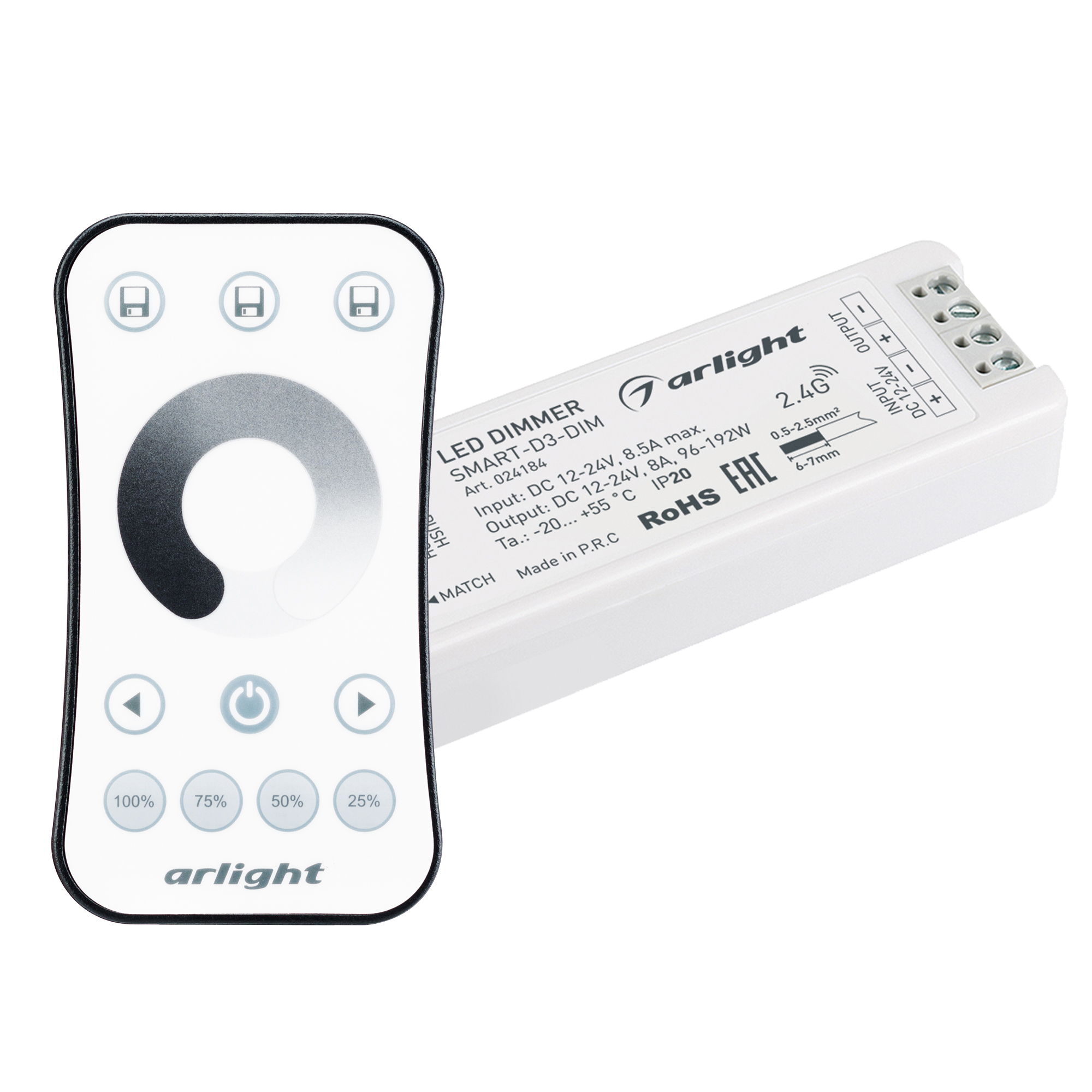 Arlight SMART-DIM-SET-RING — Комплект диммера 1x8A с RF-пультом с сенсорным кольцом 2.4G, Push-Dim
