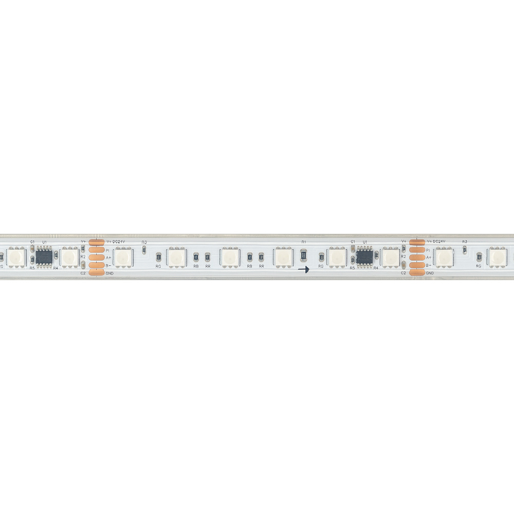 Arlight DMX B60 — Гибкая светодиодная лента — DMX_RGB [каналы: 30; исполнение: PS; протокол: DMX; герметизация: Силикон, экструзия прозр. прямоуг. - PS; высота, мм: 5.0; питание, В: 24.0; ширина, мм: 15.0]