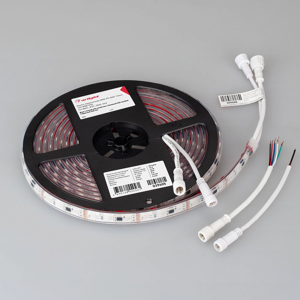 Arlight DMX B60 — Гибкая светодиодная лента — DMX_RGB [каналы: 60; исполнение: PS; протокол: DMX; герметизация: Силикон, экструзия прозр. прямоуг. - PS; высота, мм: 5.0; питание, В: 12.0; ширина, мм: 12.0]
