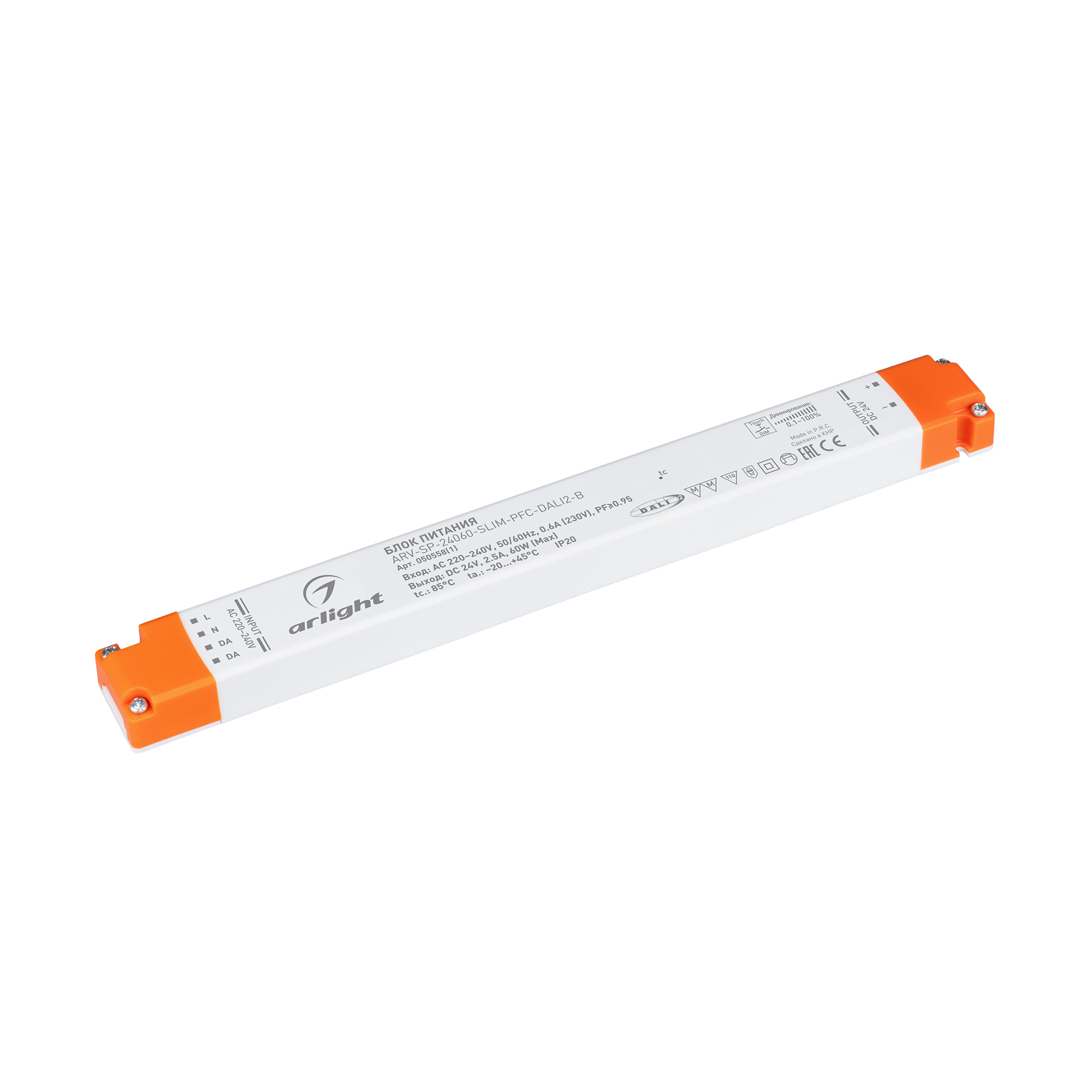 Диммируемый источник напряжения Блок питания ARV-SP-24060-SLIM-PFC-DALI2-B (24V, 2.5A, 60W) (Arlight, IP20 Пластик, 5 лет)