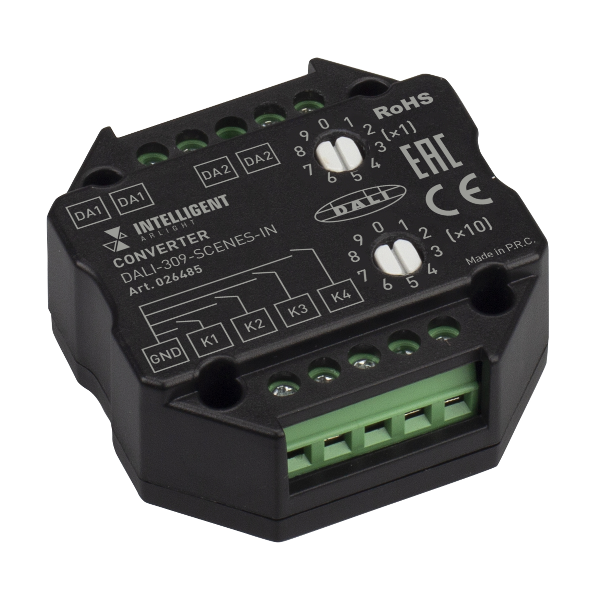 Arlight INTELLIGENT ARLIGHT Конвертеры DALI-309 — Конвертер сигнала внешних кнопок в сигнал DALI (4 сцены) [DALI bus (питание от шины, выход DALI; монтаж в стандартную монтажную коробку)]