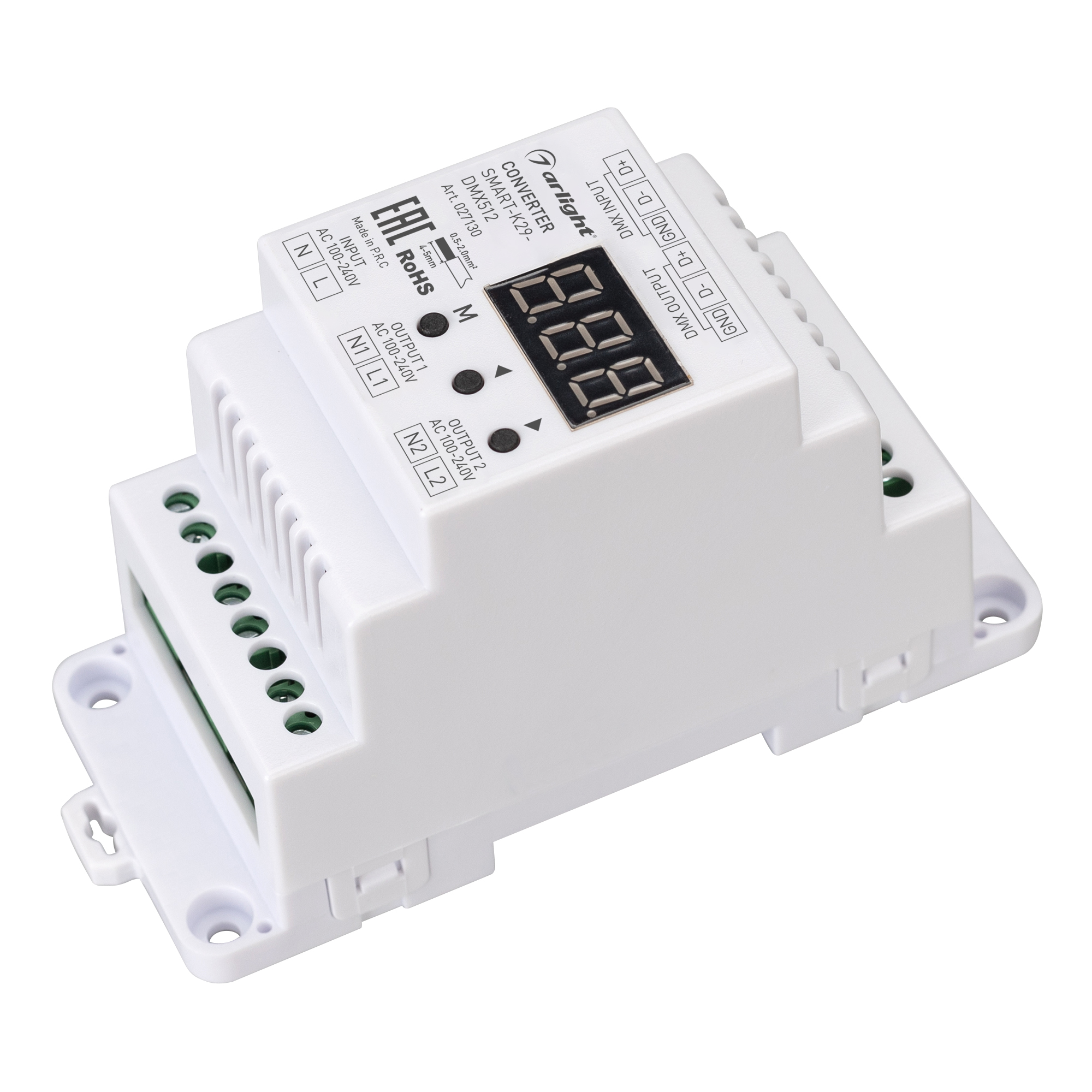 Arlight SMART-K29-DMX512-TRIAC-DIN — Конвертер DMX512→TRIAC 230V на DIN-рейку (1×2A / 2×1.2A) [вход DMX512/RDM, выход TRIAC 230V; установка на DIN-рейку; питание AC 100–240В]