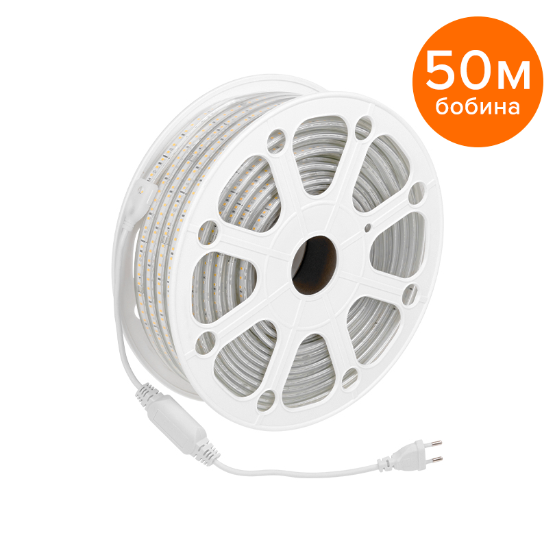 Светодиодная лента герметичная WOLTA WLS-220V-2835-10W/4000/S120 220В SMD2835 120led/м 10Вт/м 750лм/м 4000К IP65. Бобина 50 м., в комплекте: сетевой шнур, 2 заглушки, 2 коннектора, 2 фикс. клипсы.