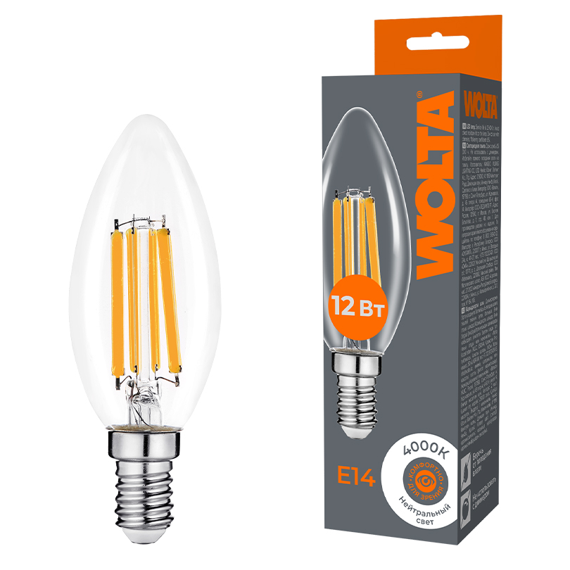 Светодиодная лампа WOLTA FILAMENT WF-C35-12W4KE14 12Вт 4000K Е14