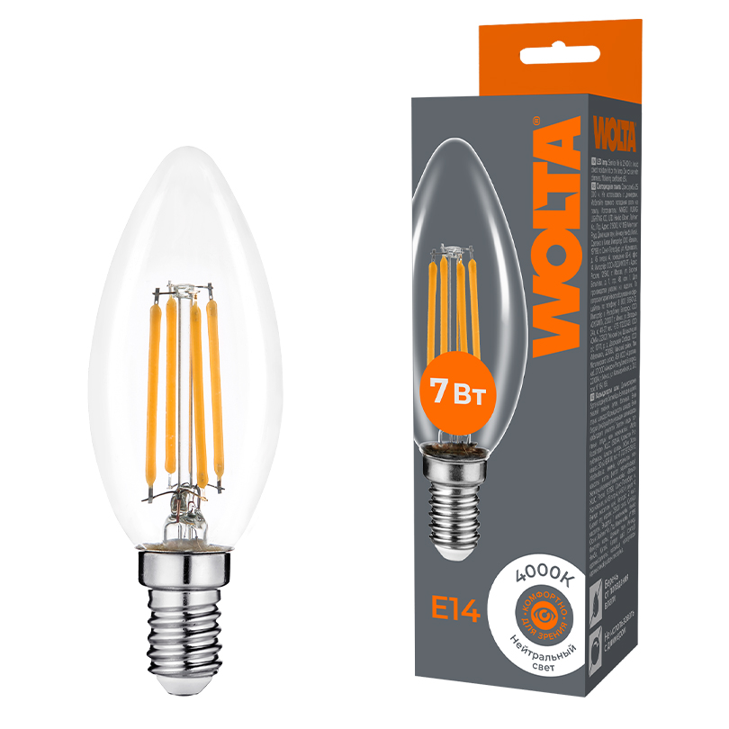 Светодиодная лампа WOLTA FILAMENT WF-C35-7W4KE14 7Вт 4000K Е14