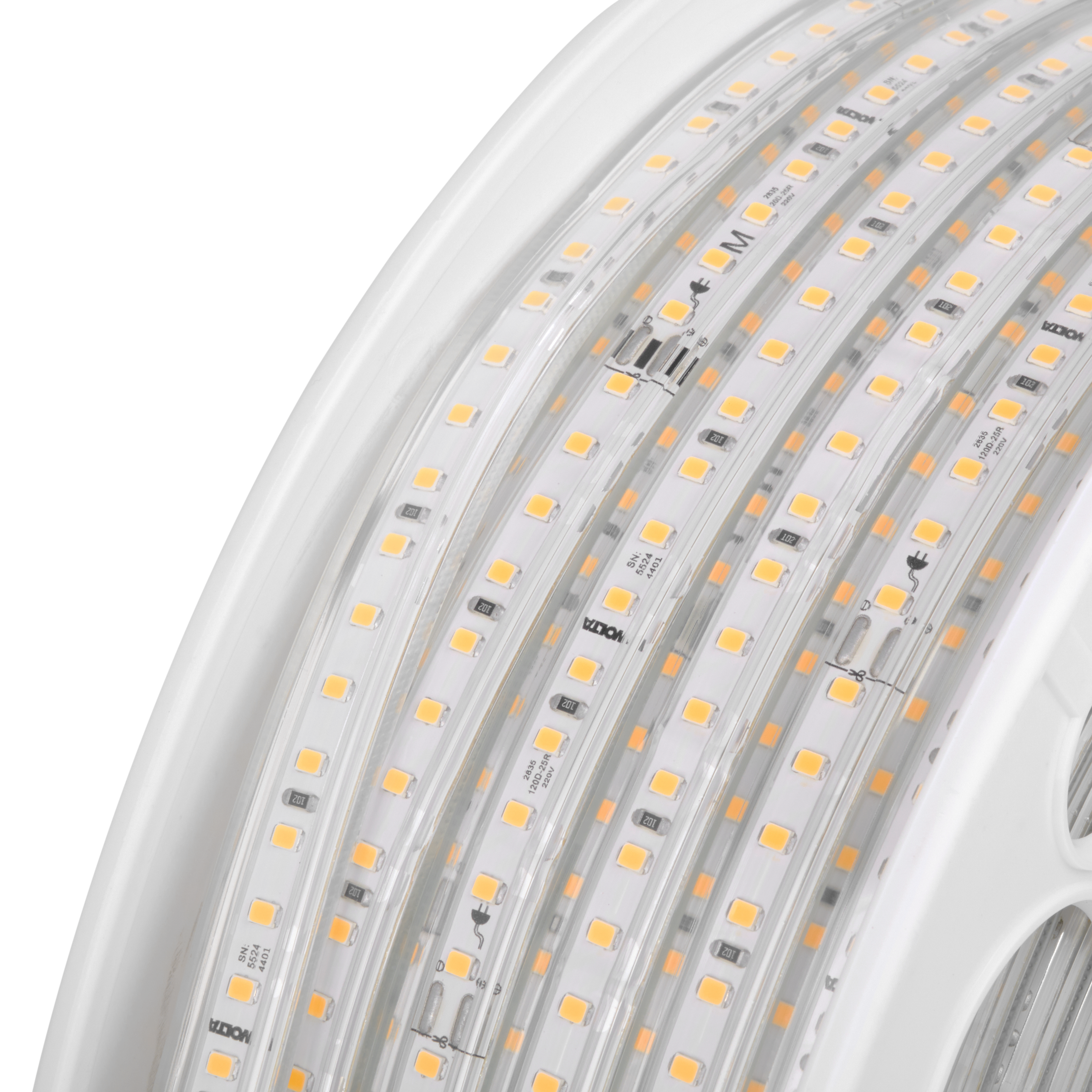 Светодиодная лента герметичная WOLTA WLS-220V-2835-10W/4000/S120 220В SMD2835 120led/м 10Вт/м 750лм/м 4000К IP65. Бобина 50 м., в комплекте: сетевой шнур, 2 заглушки, 2 коннектора, 2 фикс. клипсы.